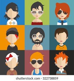 Set of people icons in flat style with faces. Vector women, men character Set 24 a
