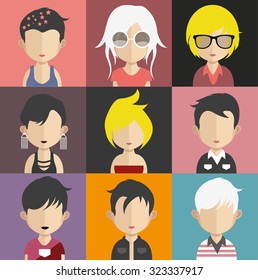 Set of people icons in flat style with faces. Vector women, men character Set 25 a
