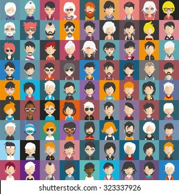 Set of people icons in flat style with faces. Vector women, men character Set 25 a