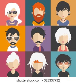 Set of people icons in flat style with faces. Vector women, men character Set 25 a