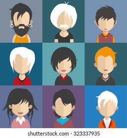 Set of people icons in flat style with faces. Vector women, men character Set 25 a