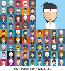Set of people icons in flat style with faces. Vector women, men character Set 25 b