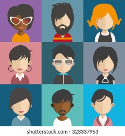 Set of people icons in flat style with faces. Vector women, men character Set 25 a