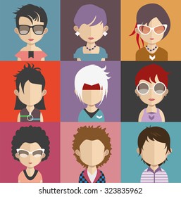 Set of people icons in flat style with faces. Vector women, men character Set 26 a