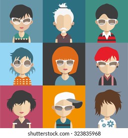 Set of people icons in flat style with faces. Vector women, men character Set 26 a