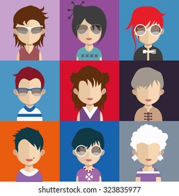 Set of people icons in flat style with faces. Vector women, men character Set 26 a