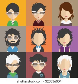 Set of people icons in flat style with faces. Vector women, men character Set 26 a