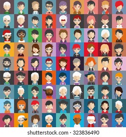 Set of people icons in flat style with faces. Vector women, men character Set 26 b