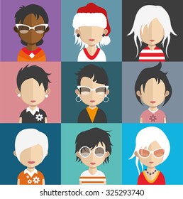 Set of people icons in flat style with faces. Vector women, men character Set 27 a