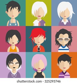 Set of people icons in flat style with faces. Vector women, men character Set 27 a