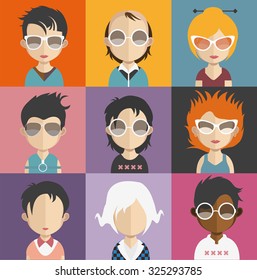 Set of people icons in flat style with faces. Vector women, men character Set 27 a