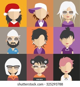 Set of people icons in flat style with faces. Vector women, men character Set 27 a