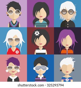 Set of people icons in flat style with faces. Vector women, men character Set 27 a