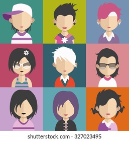 Set of people icons in flat style with faces. Vector women, men character Set 28 a