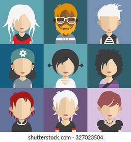 Set of people icons in flat style with faces. Vector women, men character Set 28 a