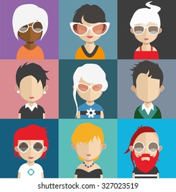 Set of people icons in flat style with faces. Vector women, men character Set 28 a
