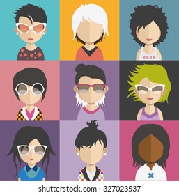 Set of people icons in flat style with faces. Vector women, men character Set 28 a