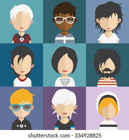 Set of people icons in flat style with faces. Vector women, men character Set 29 a