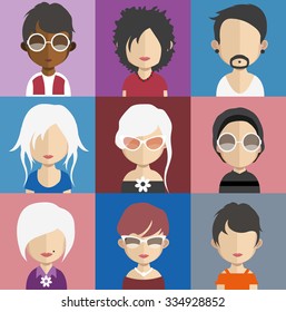 Set of people icons in flat style with faces. Vector women, men character Set 29 a