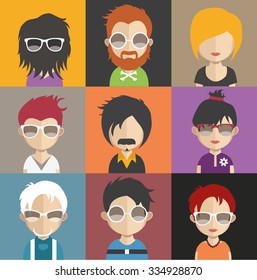 Set of people icons in flat style with faces. Vector women, men character Set 29 a