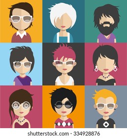 Set of people icons in flat style with faces. Vector women, men character Set 29 a