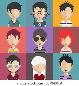 Set of people icons in flat style with faces. Vector women, men character Set 30 a