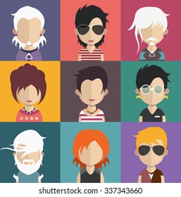 Set of people icons in flat style with faces. Vector women, men character Set 30 a