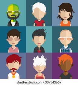 Set of people icons in flat style with faces. Vector women, men character Set 30 a