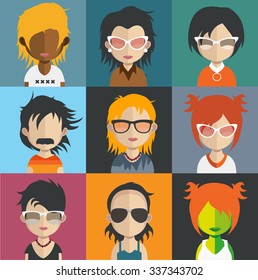 Set of people icons in flat style with faces. Vector women, men character Set 30 a