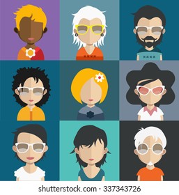 Set of people icons in flat style with faces. Vector women, men character Set 30 a