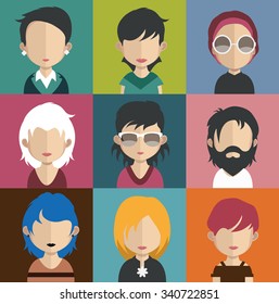 Set of people icons in flat style with faces. Vector women, men character Set 31 a