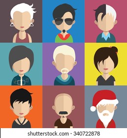 Set of people icons in flat style with faces. Vector women, men character Set 32 a