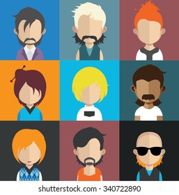 Set of people icons in flat style with faces. Vector women, men character Set 32 a
