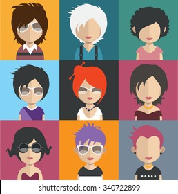 Set of people icons in flat style with faces. Vector women, men character Set 31 a