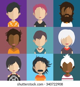 Set of people icons in flat style with faces. Vector women, men character Set 32 a