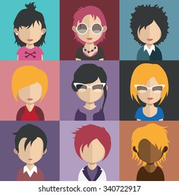 Set of people icons in flat style with faces. Vector women, men character Set 31 a