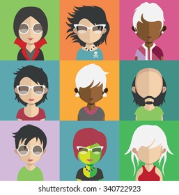 Set of people icons in flat style with faces. Vector women, men character Set 31 a