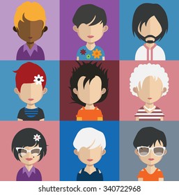 Set of people icons in flat style with faces. Vector women, men character Set 31 a