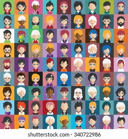 Set of people icons in flat style with faces. Vector women, men character Set 31 a