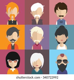 Set of people icons in flat style with faces. Vector women, men character Set 32 a