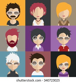 Set of people icons in flat style with faces. Vector women, men character Set 31 a