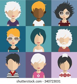 Set of people icons in flat style with faces. Vector women, men character Set 31 a