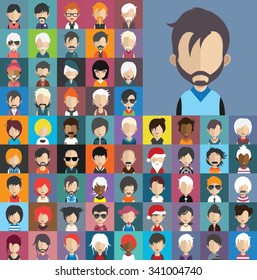 Set of people icons in flat style with faces. Vector women, men character Set 32 b