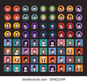 Set of people icons in flat style with faces. Vector women, men character