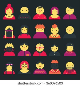 Set of people icons in flat style with faces. Vector character.