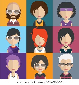 Set of people icons in flat style with faces. Vector women, men character 