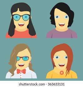 Set of people icons in flat style with faces. Vector women and girl character