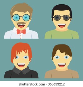 Set of people icons in flat style with faces. Vector men character