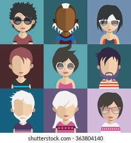 Set of people icons in flat style with faces. Vector women, men character 