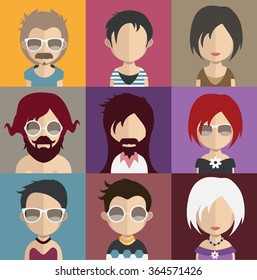 Set of people icons in flat style with faces. Vector women, men characters